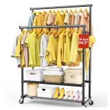 Double Rods Clothes Rack for Hanging Clothes, Heavy Duty Rolling Clothing Rack with Wheels, Freestanding Garment Racks with Oxford Bottom Shelf and Mesh Bottom Shelf for Bedroom Laundry Living Room - 