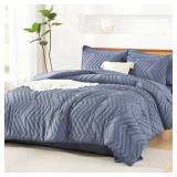 Litanika King Size Comforter Set with Sheets Bluish Grey - 7 Pieces Bed in a Bag King Chevron Tufted Complete Bedding Sets with Comforter, Sheets, Pillowcases & Shams - Retail: $80