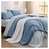 Bedsure Oversized Queen Comforter Set - 7 Pieces Grayish Blue Oversized Queen Bedding Set for All Seasons, Boho Contrasting Design Bed in a Bag with Comforter, Sheets, Pillowcases & Shams - Retail: $8