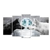 Welmeco 5 Pieces Black and White Wolves Painting Grey Blue Full Moon Seascape Picture Canvas Prints Gallery Wrapped Artwork Animal Wolf Poster for Living Room Modern Office Bedroom Wall Decoration - R