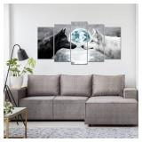 Welmeco 5 Pieces Black and White Wolves Painting Grey Blue Full Moon Seascape Picture Canvas Prints Gallery Wrapped Artwork Animal Wolf Poster for Living Room Modern Office Bedroom Wall Decoration - R
