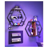 CHOEZON Hexagon Floating Shelves Set of 2, 18.9\" Glass Hanging Shelves for Wall Decor, Wall Storage Rack and 12 S-Hooks, for Living Room, Bedroom, Office, Game Center, Rustic Brown TBJ08BF - Retail: 