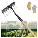 Pre Owned Upgraded Weed Puller Tool, Rust-Proof Manual Weed rake (cultivates Soil with Wooden Handle), 8-Tine Manganese Steel Iron rake for Gardening/Weeding, Gardinia uprooting Tool - Retail: $25