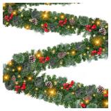 9 Foot by 10 Inch Christmas Garland - 50 LED Lights, Battery Operated Lighted Garland Wreath with Pine Cones Red Berries Lush Branches, Prelit Garland Xmas Decoration Indoor Outdoor Home Holiday - Ret