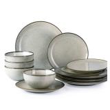 GBHOME Ceramic Dinnerware Sets for 4, 12 Pieces Stoneware Plates and Bowls Sets, Reactive Glaze Dishes -Scratch Resistant, Dishwasher&Microwave Safe - Retail: $60