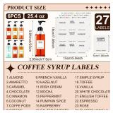 Nuogo 6 Pcs Coffee Syrup Dispenser Set 750ml, 500ml, 300ml, 150ml Pet Black Syrup Bottles with Pump Dispenser 27 Labels for Coffee Bar Kitchen Accessories Portable Travel(25.4 oz,Prismatic) - Retail: 