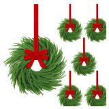 Hotop 6 Set Mini Christmas Wreath for Cabinet Kitchen Windows Decors Bulk with Red Bow Small Artificial Norfolk Farmhouse Wreaths with Berry Pine Cone for Fireplace Front Door Porch Wall Hanging - Ret