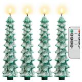 4 PCS Christmas Tree Candles with Remote Timer 10 Inch LED Flameless Taper Candles Wax Battery Operated Candlesticks Green Window Candle with 3D Wick Flickering for Xmas Holiday Gifts Party Home Decor