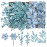 Suncalla 60 Pcs Christmas Glitter Branches 6 Styles Artificial Christmas Picks Berries Stems Poinsettia Flowers Pine Needles Floral Twig Spray for Xmas Tree Ornaments DIY Wreath Garland(Light Blue) - 