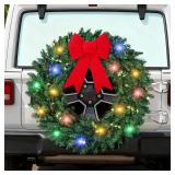 Solsew Christmas Car Norfolk Pine Wreath Spare Tire Decoration LED Spare Tire Cover DIY Kit Include 2 Green Garland Rattan, 11.8 x 9 Inch Large Velvet Bow, 16.4 ft LED String Lights Outdoor Decor - Re