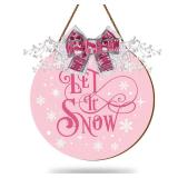 Whaline Christmas Welcome Sign Pink Wooden Hanging Sign Xmas Winter Snowflake Door Wreath Decor with Bow Berries for Indoor Outdoor Home Farmhouse Porch Wall Window Decor - Retail: $18
