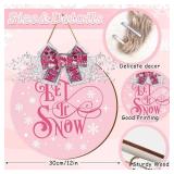 Whaline Christmas Welcome Sign Pink Wooden Hanging Sign Xmas Winter Snowflake Door Wreath Decor with Bow Berries for Indoor Outdoor Home Farmhouse Porch Wall Window Decor - Retail: $18