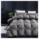 Three Geese Pinch Pleat Waterfowl Feathers and Down Comforter Queen Size Duvet Insert, 1200TC 100% Cotton Fabric, Premium All Seasons Grey Hotel Warm Comforter with 8 Tabs. - Retail: $129