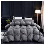 Three Geese Pinch Pleat Waterfowl Feathers and Down Comforter Queen Size Duvet Insert, 1200TC 100% Cotton Fabric, Premium All Seasons Grey Hotel Warm Comforter with 8 Tabs. - Retail: $129