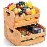 DEAYOU 2 Pack Bamboo Stackable Storage Bins, Natural Bamboo Open Front Stacking Bins, Use as 2 Tier Food Organize Basket Box with Handle for Countertop, Fruit, Veg, Bread, Pantry