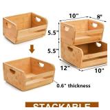 DEAYOU 2 Pack Bamboo Stackable Storage Bins, Natural Bamboo Open Front Stacking Bins, Use as 2 Tier Food Organize Basket Box with Handle for Countertop, Fruit, Veg, Bread, Pantry