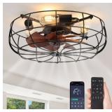 20\" Caged Ceiling Fans With Lights and Remote, Flush Mount Bladeless Low Profile, Small Farmhouse Industrial Enclosed Ceiling Fan For Bedroom, Kitchen, Indoor - Retail: $99
