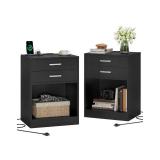 Night Stand Set 2,Black Nightstand with Charging Station & Drawers,Night Stands for Bedrooms Set of 2,Bedside Table with Drawers - Retail: $129