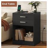 Night Stand Set 2,Black Nightstand with Charging Station & Drawers,Night Stands for Bedrooms Set of 2,Bedside Table with Drawers - Retail: $129