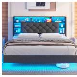 Upholstered Bookcase Floating Storage Bed with Charging Station and RGB LED Lights - Retail: $239