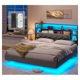 Upholstered Bookcase Floating Storage Bed with Charging Station and RGB LED Lights - Retail: $239