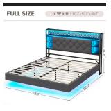 Upholstered Bookcase Floating Storage Bed with Charging Station and RGB LED Lights - Retail: $239
