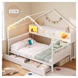 Twin Corner Bed Frame with Storage Bookcase,Charging Station and Upholstered Headboard House Shaped Twin Size Bed Frame with 2 Storage Drawers,RGB LED and Globe Lights,Kid twin House Beds,White - Reta