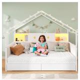 Twin Corner Bed Frame with Storage Bookcase,Charging Station and Upholstered Headboard House Shaped Twin Size Bed Frame with 2 Storage Drawers,RGB LED and Globe Lights,Kid twin House Beds,White - Reta