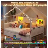 Twin Corner Bed Frame with Storage Bookcase,Charging Station and Upholstered Headboard House Shaped Twin Size Bed Frame with 2 Storage Drawers,RGB LED and Globe Lights,Kid twin House Beds,White - Reta
