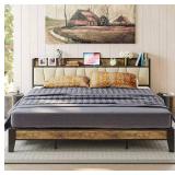 LIKIMIO King Bed Frame, Storage Headboard with Charging Station, Solid and Stable, Noise Free, No Box Spring Needed, Easy Assembly (Walnut and Beige) - Retail: $161