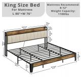LIKIMIO King Bed Frame, Storage Headboard with Charging Station, Solid and Stable, Noise Free, No Box Spring Needed, Easy Assembly (Walnut and Beige) - Retail: $161