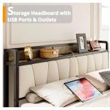 LIKIMIO King Bed Frame, Storage Headboard with Charging Station, Solid and Stable, Noise Free, No Box Spring Needed, Easy Assembly (Walnut and Beige) - Retail: $161
