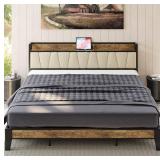 LIKIMIO King Bed Frame, Storage Headboard with Charging Station, Solid and Stable, Noise Free, No Box Spring Needed, Easy Assembly (Walnut and Beige) - Retail: $161