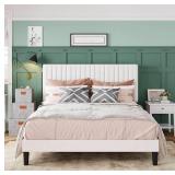 Queen Bed Frame, Velvet Upholstered Platform Bed with Adjustable Vertical Channel Tufted Headboard, Mattress Foundation with Strong Wooden Slats, Box Spring Optional, Easy Assembly, Off-White - Retail