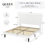 Queen Bed Frame, Velvet Upholstered Platform Bed with Adjustable Vertical Channel Tufted Headboard, Mattress Foundation with Strong Wooden Slats, Box Spring Optional, Easy Assembly, Off-White - Retail