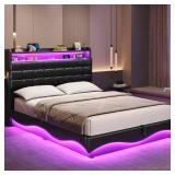 Lift Up Storage Bed Frame With Charging Station And Hidden Storage Headboard, Led Lights Upholstered Platform Bed With Hydraulic Storage- Full - Retail: $239