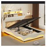 Lift Up Storage Bed Frame With Charging Station And Hidden Storage Headboard, Led Lights Upholstered Platform Bed With Hydraulic Storage- Full - Retail: $239