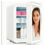 Kikihuose 20L Skincare Fridge with Mirror & LED Lighting, 3-Mode Dimmable, Cooler & Warmer with Drip Tray for Makeup, Cosmetic, Beauty, Mini Beauty Fridge for Bedroom, Vanity, Car & Home Use - Retail:
