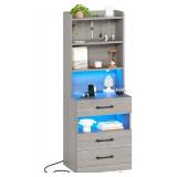 Tall Nightstand with Charging Station and LED Lights, Night Stand with 3 Drawers and Storage Shelves, Bedside Table with Bookshelf, Modern End Side Table for Bedroom, Grey - Retail: $89