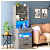 Tall Nightstand with Charging Station and LED Lights, Night Stand with 3 Drawers and Storage Shelves, Bedside Table with Bookshelf, Modern End Side Table for Bedroom, Grey - Retail: $89