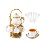 Hebaogugu 20 Pcs Porcelain Tea Set with Metal Holder, European Ceramic Tea Set for Adults, Coffee Tea Gift Sets, French Tea Cup Saucer Set for Party With Gold Trim (French White) - Retail: $0