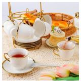 Hebaogugu 20 Pcs Porcelain Tea Set with Metal Holder, European Ceramic Tea Set for Adults, Coffee Tea Gift Sets, French Tea Cup Saucer Set for Party With Gold Trim (French White) - Retail: $0