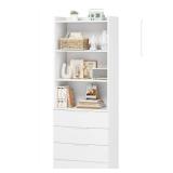 Storage Cabinet Bookcase with 3 Drawers and 3-Tier Open Shelves Wooden Bookshelf Kitchen Pantry Storage Organizer Cabinets for Living Room, Study, Kitchen,Bathroom,White - Retail: $159