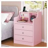 ADORNEVE Nightstand with Charging Station,Pink Night Stand with Hutch,Bedside Table with Drawers,Bed Side Table with Storage - Retail: $0
