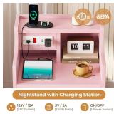 ADORNEVE Nightstand with Charging Station,Pink Night Stand with Hutch,Bedside Table with Drawers,Bed Side Table with Storage - Retail: $0