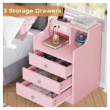 ADORNEVE Nightstand with Charging Station,Pink Night Stand with Hutch,Bedside Table with Drawers,Bed Side Table with Storage - Retail: $0