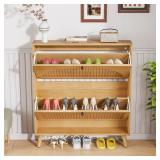 Shoe Storage Cabinet for Entryway with 2 Flip Drawers, Narrow Wood Shoe Cabinet with Fluted Panel, Freestanding Hidden Shoe Organizer for Foyer, Hallway (Wood Color - No Shelf) - Retail: $98