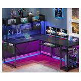 SEDETA L Shaped Gaming Desk, Reversible Computer Desk with Power Outlet and Pegboard, Gaming Desk with Led Lights, Keyboard Tray and Storage Bag for Home Office, Black - Retail: $179