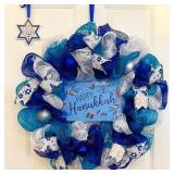 15 Inch Hanukkah Wreath for Front Door, Blue and White Mesh Chanukah Wreath with Happy Hanukkah Sign, Handmade Winter Holiday Door Decoration for Home Indoor Outdoor Party Decor