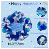 15 Inch Hanukkah Wreath for Front Door, Blue and White Mesh Chanukah Wreath with Happy Hanukkah Sign, Handmade Winter Holiday Door Decoration for Home Indoor Outdoor Party Decor